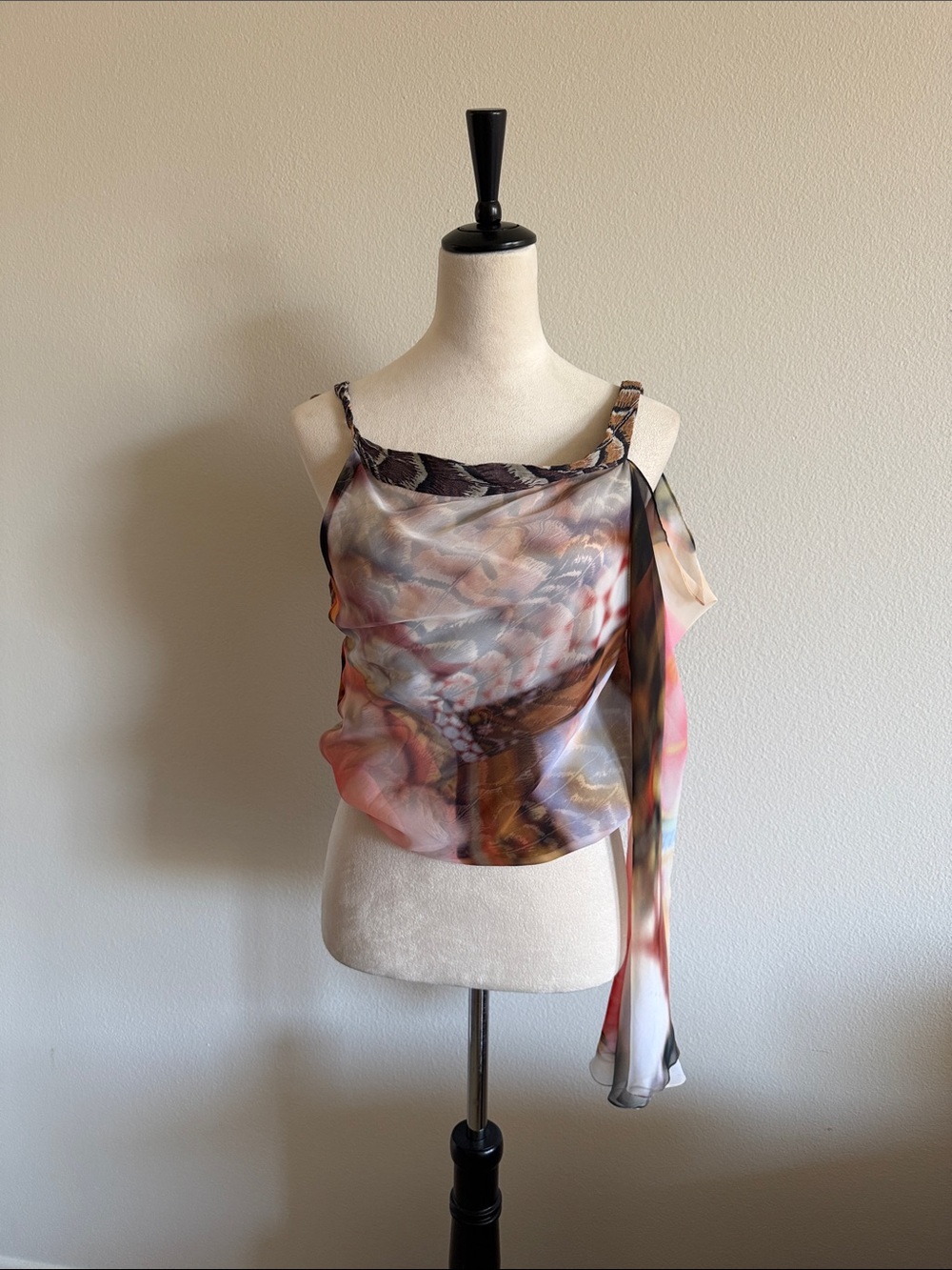 Carlos Miele Silk Sheer Multicolor Satin-Print Draped Tank Top